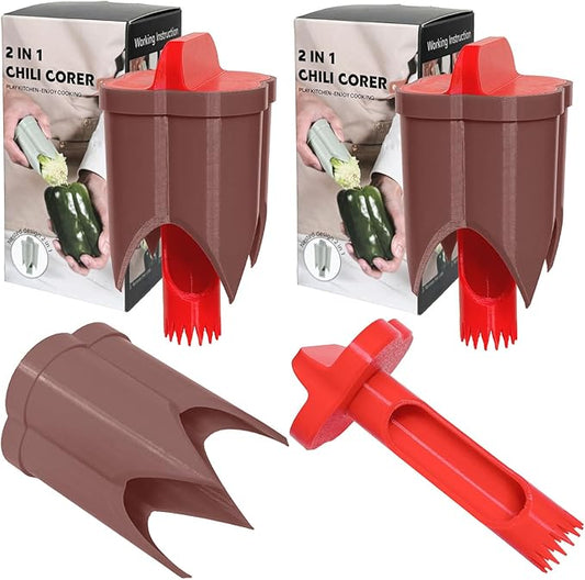 Pepper Corer, 2 in 1 Red Bell Pepper Seed Corer Remover Tool, Fruit & Vegetable Corers Quick Cave Tools for Jalapeno Cutter Deseeder, Red Brown, 2 PCS