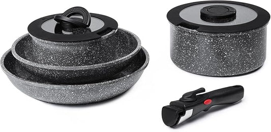 ROSSETTO 7pcs Pots and Pans Set Non Stick from France, Ceramic Cookware Set with Removable Handle, Induction RV Kitchen Cookware Set, Stackable, PFOA and PFAS Free, Oven Safe, Black Granite
