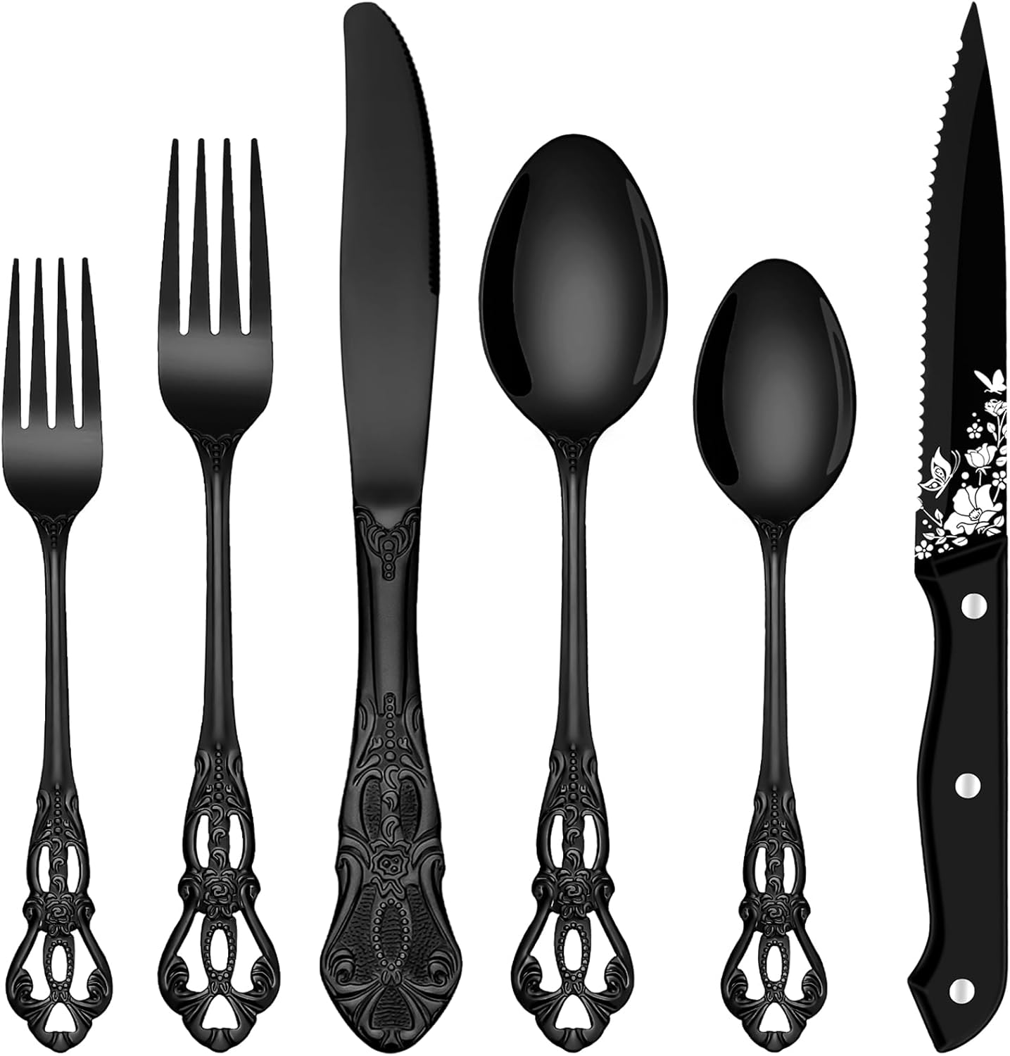 EUIRIO 48 Pieces Royal Black Silverware Set for 8, Retro Gorgeous Flatware Set with Steak Knives, Premium Stainless Steel Vintage Cutlery Set with Forks Spoons and Knives, Dishwasher Safe