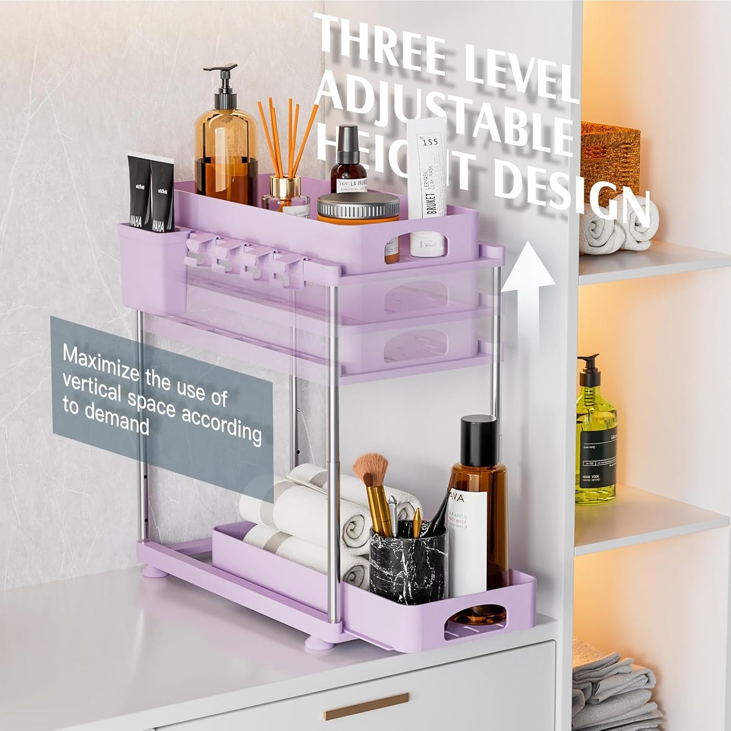Under Sink Organizer - 2 Pack Adjustable Height, 2 Tier Organizers for Bathroom & Kitchen Sink, Purple