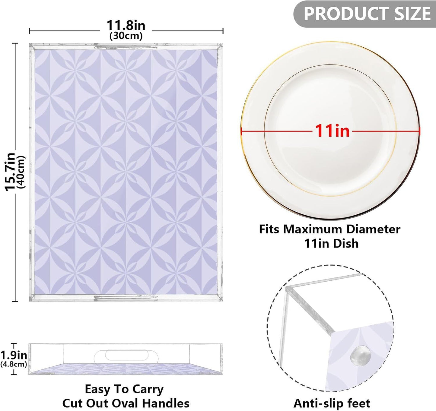 Acrylic Serving Tray with Handles Spill Proof Kitchen Storage Tray Clear Decorative Tray Makeup Drawer Organizer Storage Tray for Bathroom Living Room Ottoman 15.7x11.8Inches