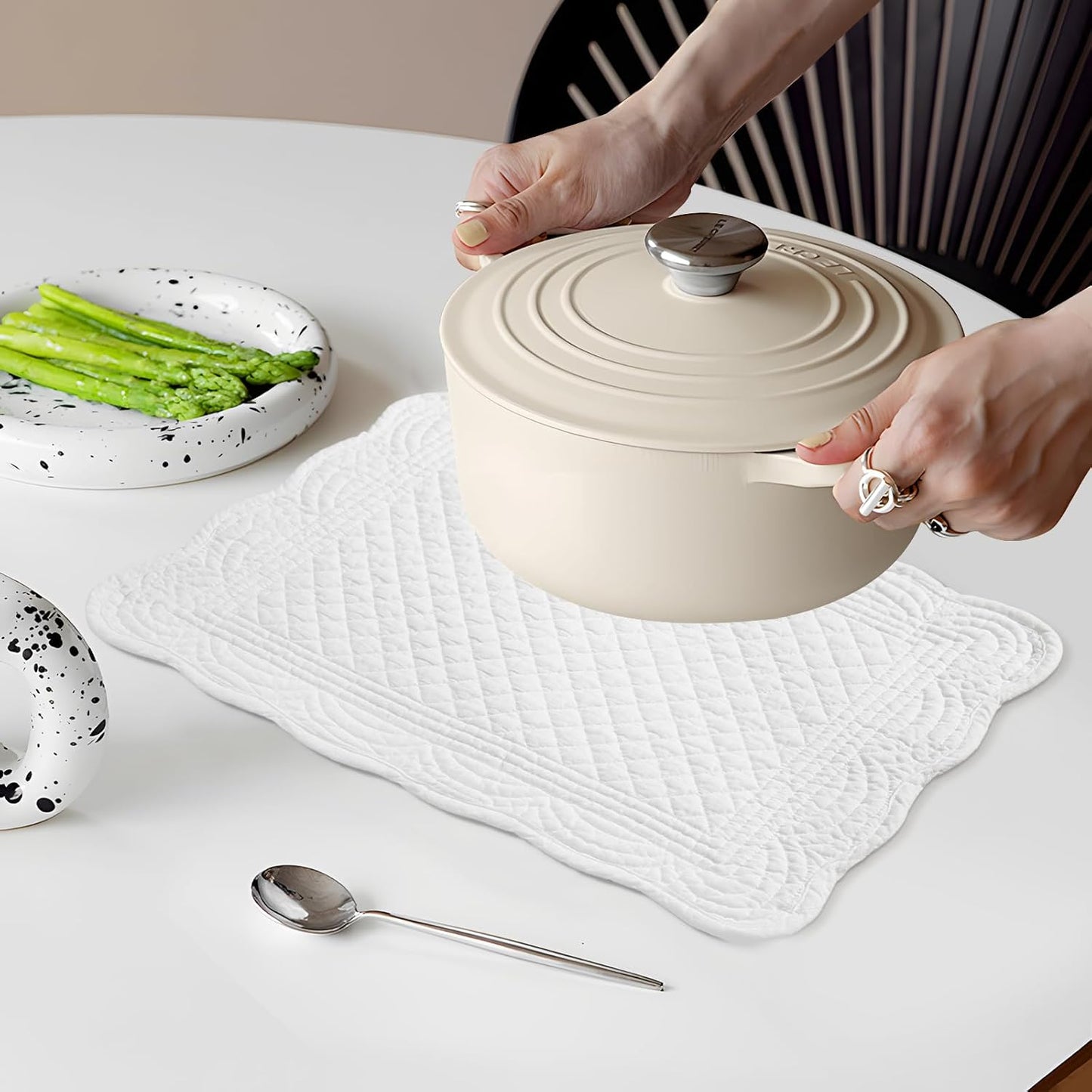 6 PC Quilted Placemats, 18"X13"Extra Large Cotton Placemats Set of 6, 100% Cotton Fabric Washable Cloth Table Mats for Kitchen & Dining Table - Soft &Easy Clean(Cream White, Rectangular)