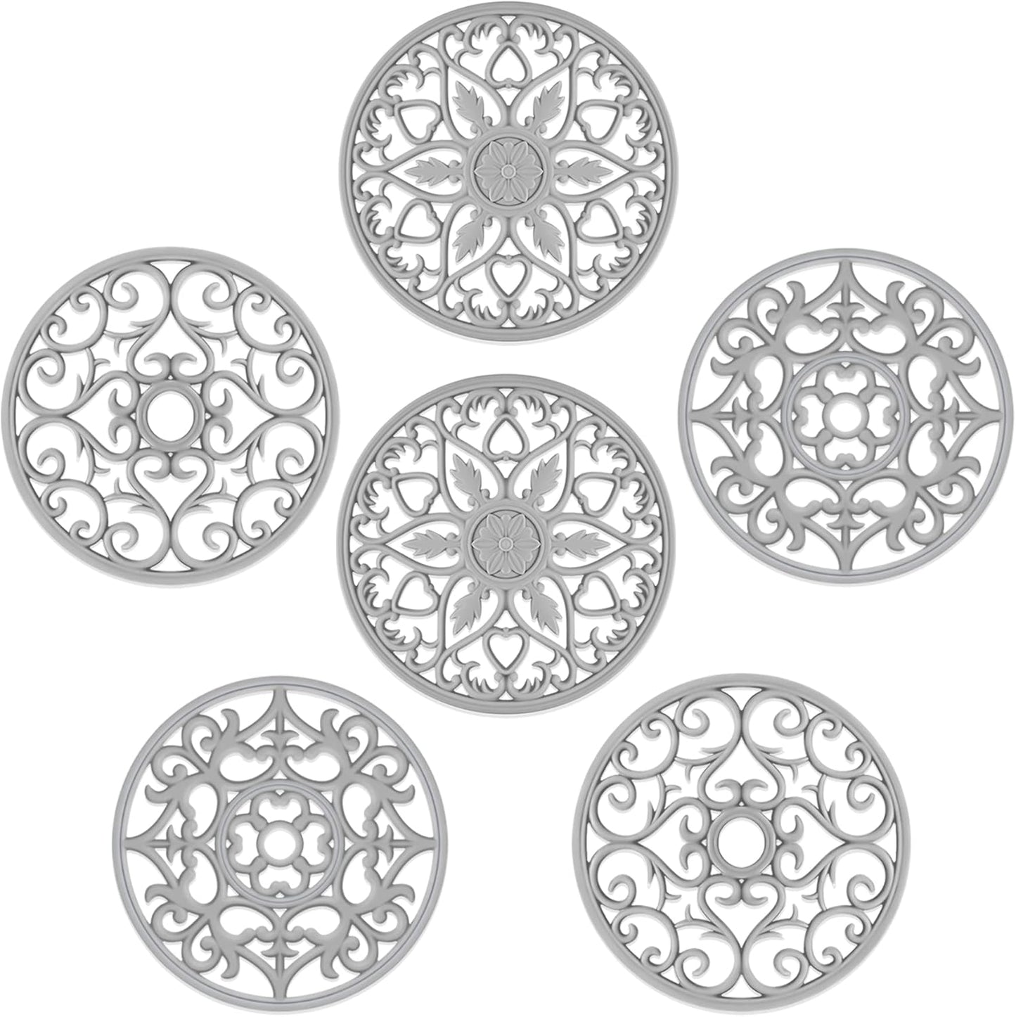 SMARTAKE 6 Set Silicone Trivets, Multi-Use Carved Trivet, Insulated Non-Slip Durable Kitchen Mat, Flexible Modern Kitchen Table Mat, for Hot Dishes, Pots, Dining Countertop, Grey