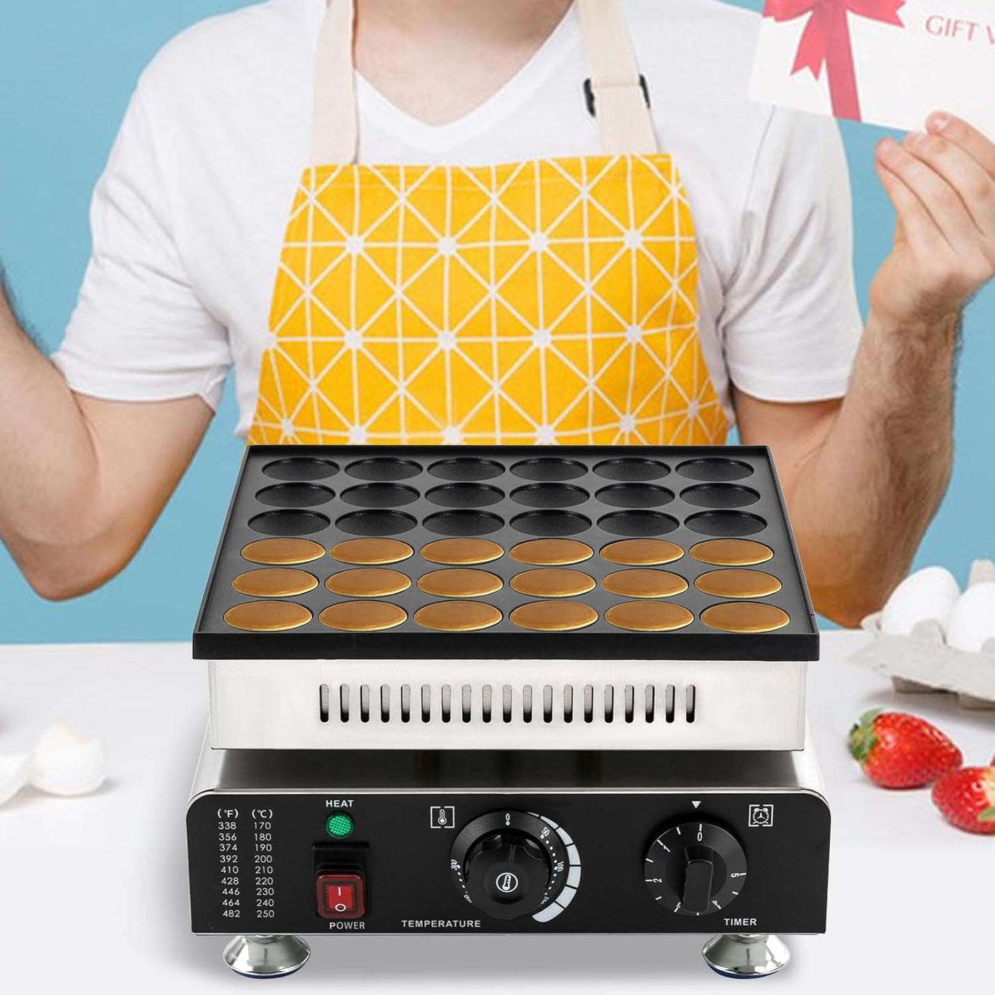 900W Commercial Mini Pancake Maker, 36 Grids Electric Mini Pancake Griddle Non-Stick Stainless Steel Dutch Pancake Maker w/Time & Temper Adjustable|Temper Comparison Table, Large Waffle Machine