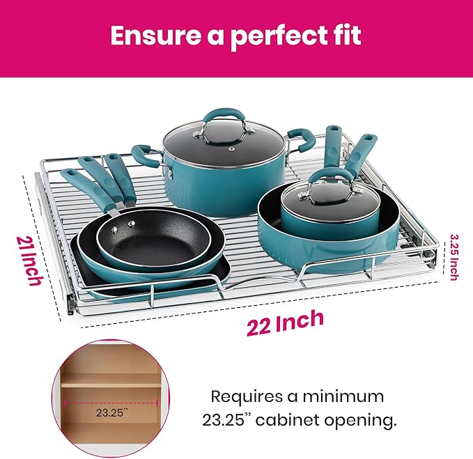 HOLDN’ STORAGE Pull Out Cabinet Organizer, Heavy Duty Caddy w/Lifetime Limited Warranty -22”W x 21”D - Requires At Least 23-1/4” Cabinet Opening, Steel Metal Cabinet Drawers Slide Out, Chrome