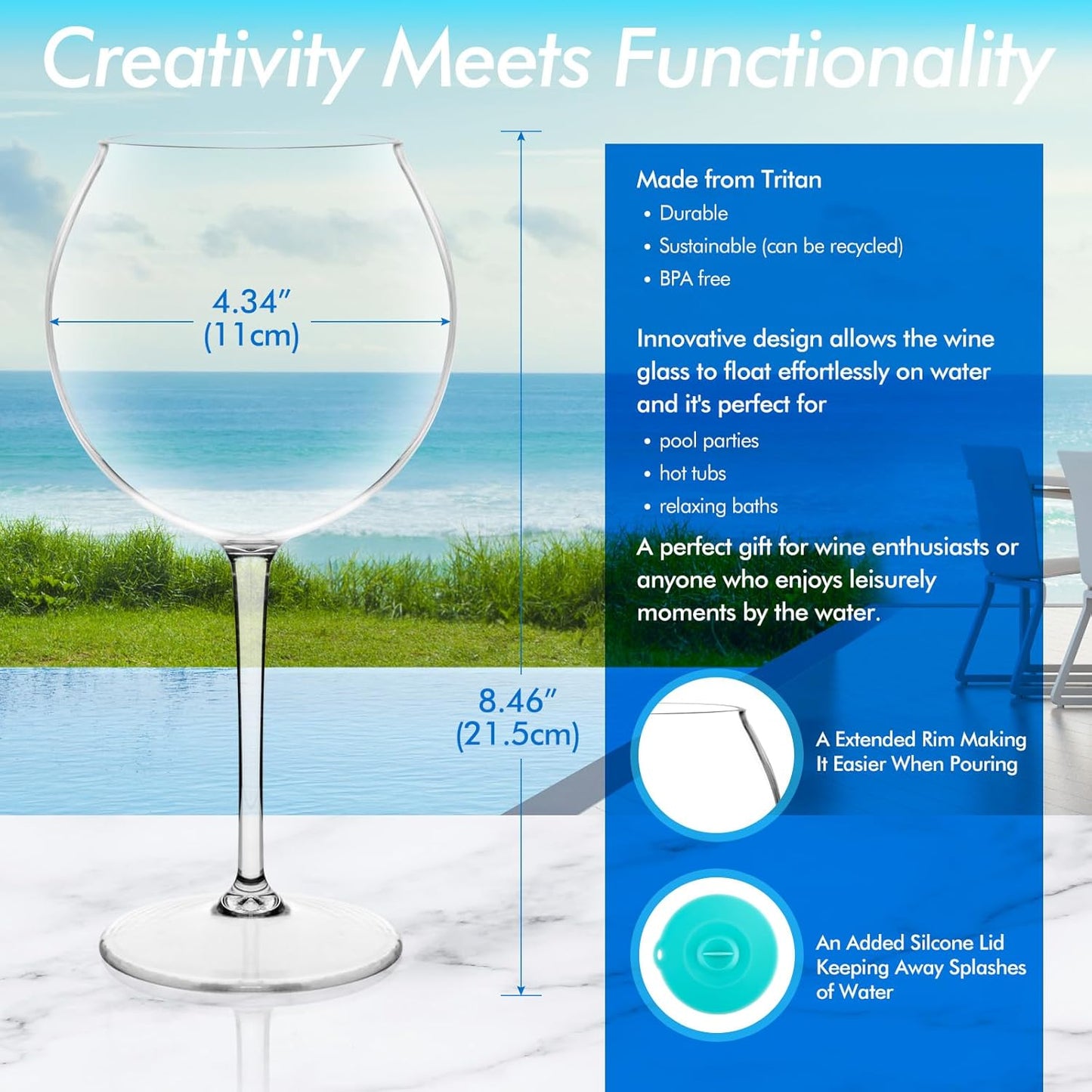 Floating Wine Glasses for Pool with Cup Lids | Set of 4 | Shatterproof Poolside Wine Glasses | Floating Cup | Pool Tub Summer Party Camping | BPA-free | Outdoor Tritan Glasses (18 oz) (4)