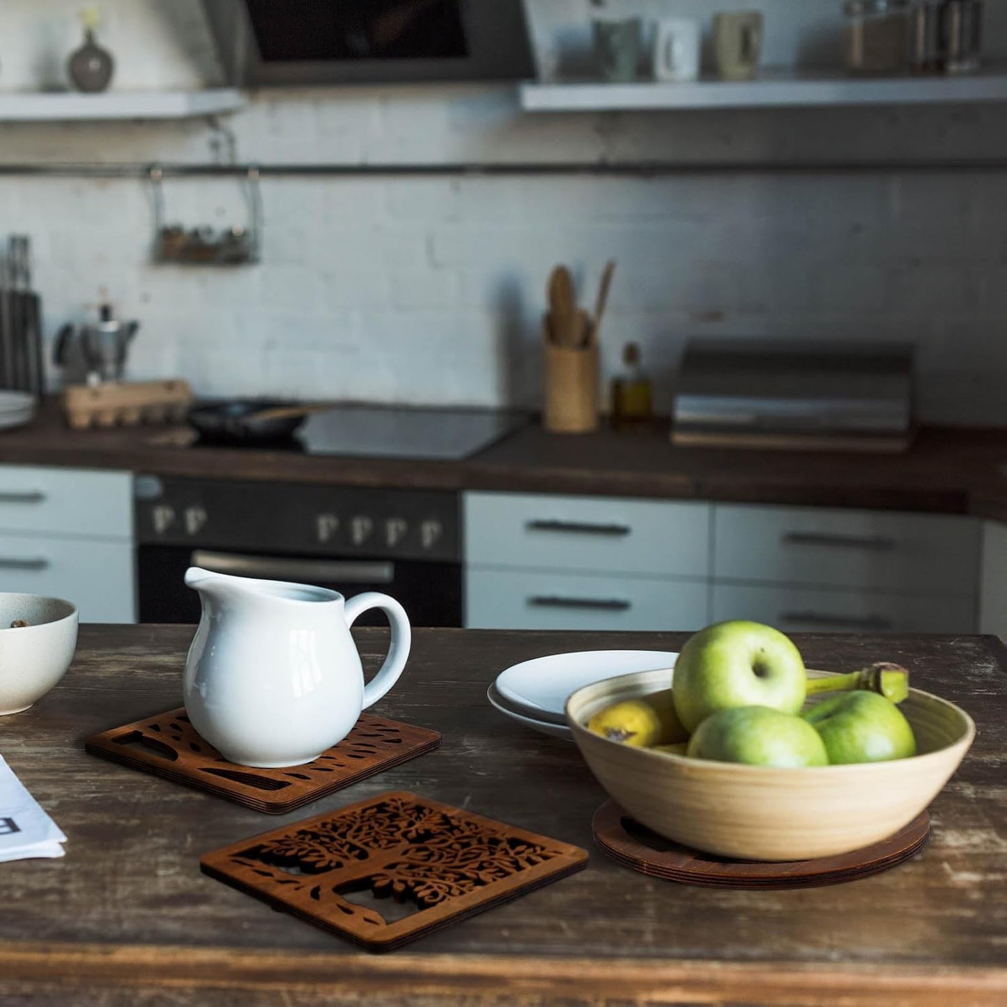 5 Pcs Life Tree Wooden Trivets with Storage Rack Hot Pads Trivets for Hot Dishes Pots and Pans Heat Resistant Mat Set Tea Pot Holders for Kitchen Dining Table(Dark Wood)