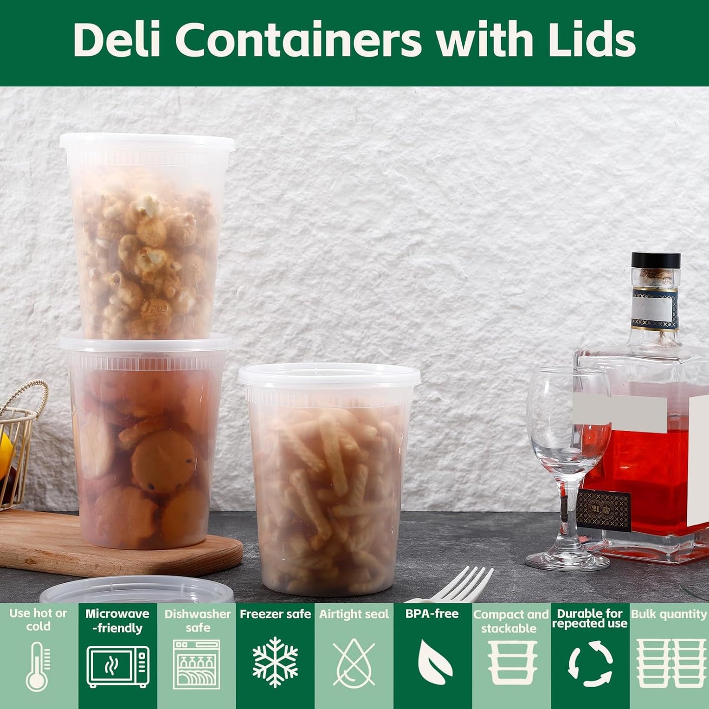 24 Set Deli Containers with Lids,32 oz Plastic Food Storage Containers,Leakproof Soup Container with Lids,Stackable,Microwave & Freezer Safe