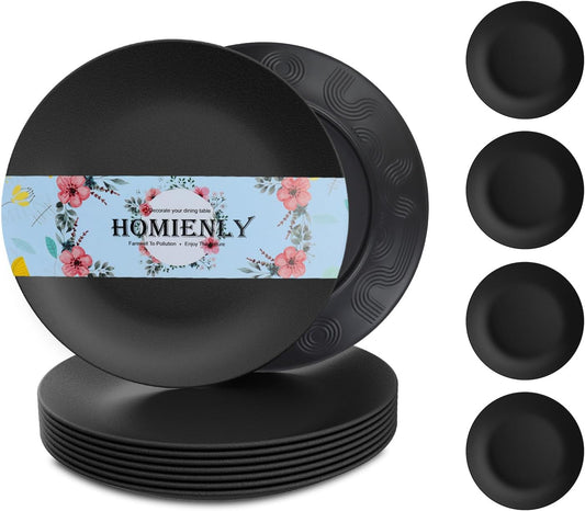 Homienly Dinner Plates Set of 8 Unbreakable Wheat Straw Plates with Textured Design - Microwave & Dishwasher Safe - Perfect for Camping, Kitchen Use - Black, 9 inch