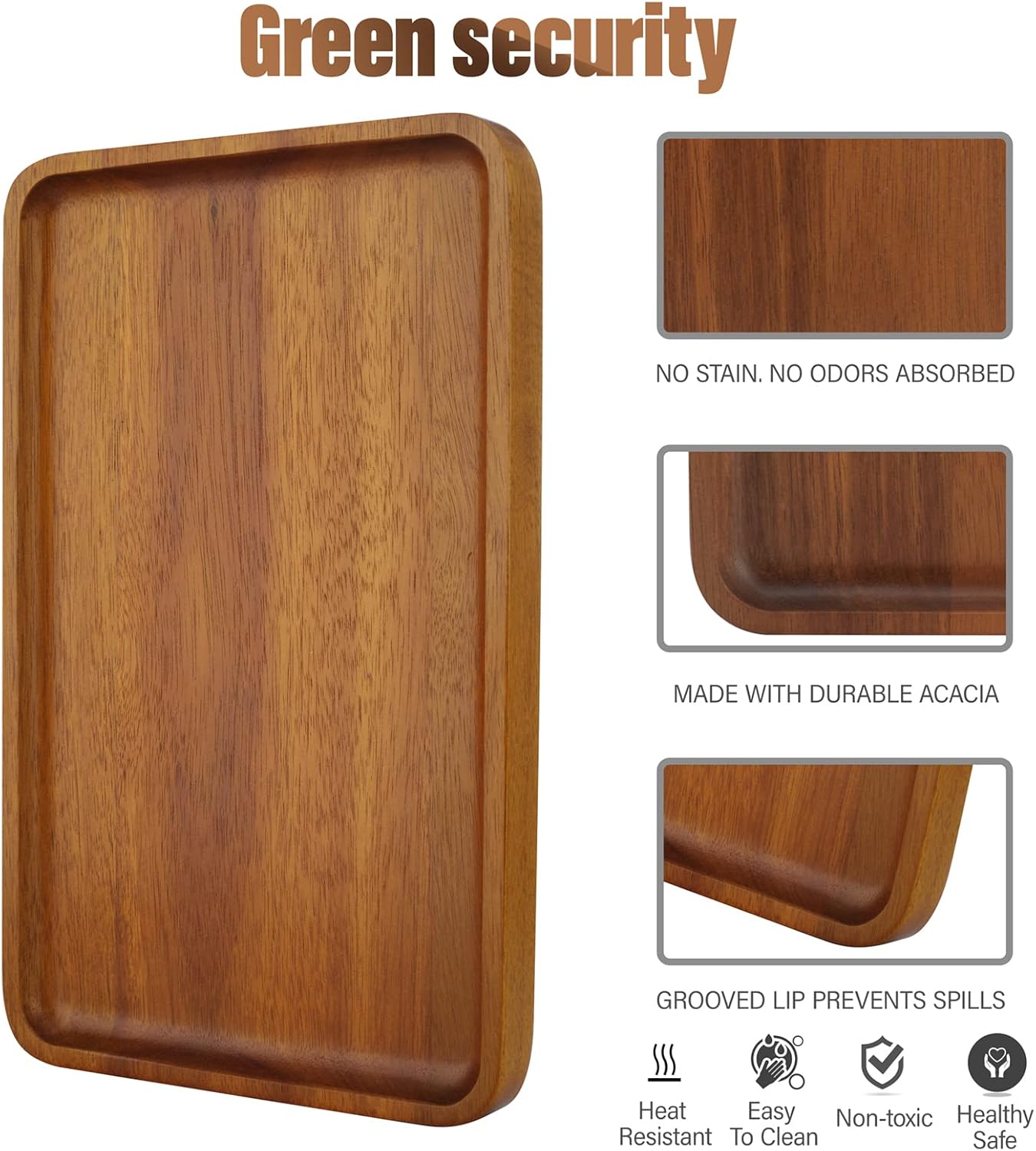 1 pcs 13"x 9" Solid Acacia Wood Serving Tray Rectangular Wooden Serving Platter Natural Wooden Board for Bar Coffee Party