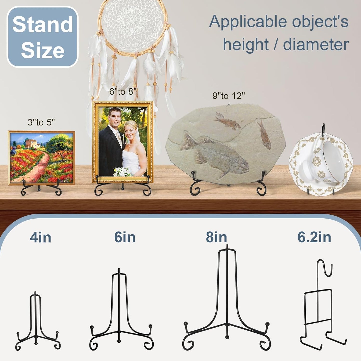 6 Pcs 3 Size Black Plate Stands for Display, 4 6 8 Inch Holder & Cup and Saucer Display Stand for Picture Frames, Book, Card, Mug Organizer, Bowl, Decorative Plates, Tablet, Art