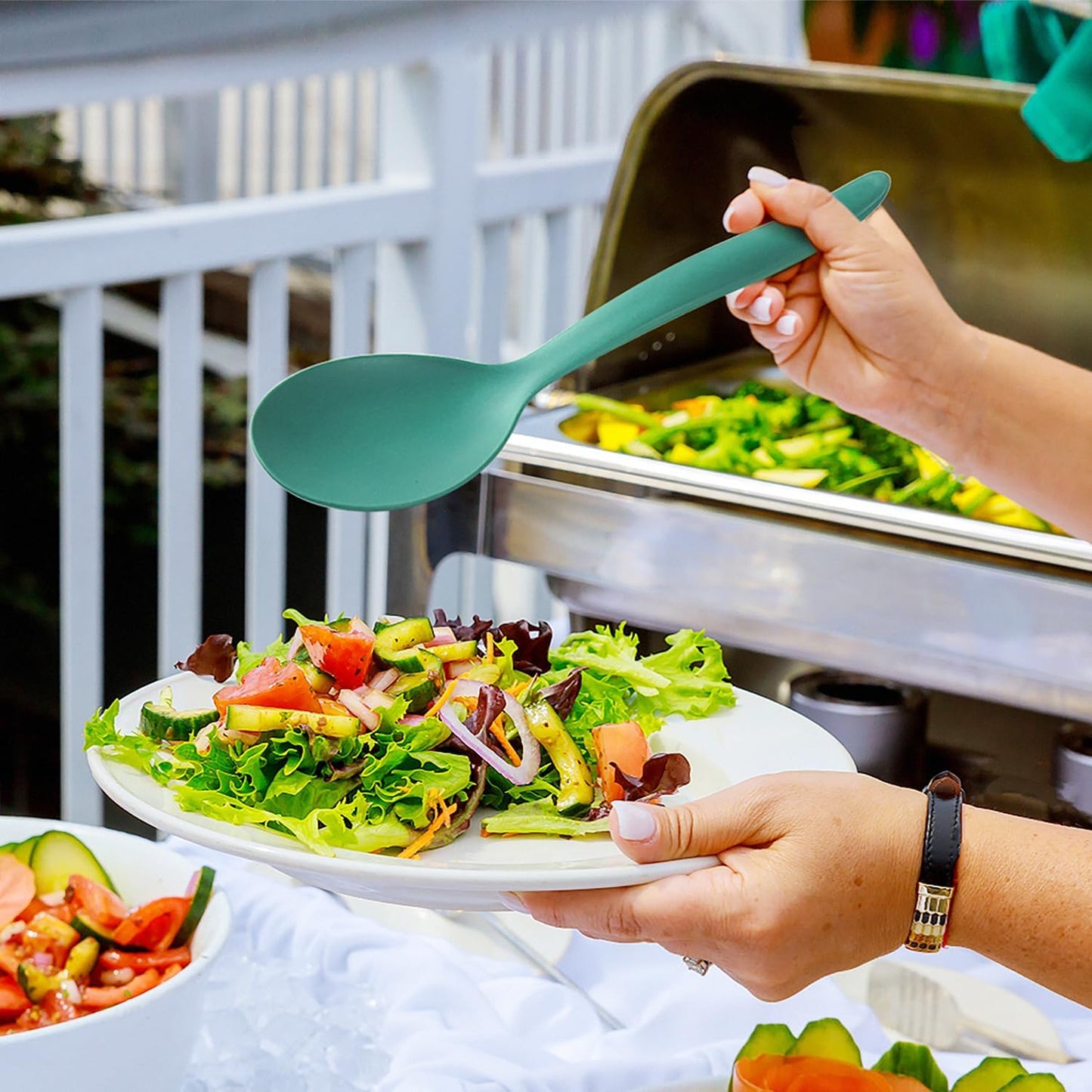 12 Pcs 10" Large Plastic Wheat Straw Serving Spoons Set, Serving Spoons & Slotted Spoons, Kitchen Mixing Serving Spoon for Party Buffet Catering (Orange/Yellow/Green, Not for Cooking)