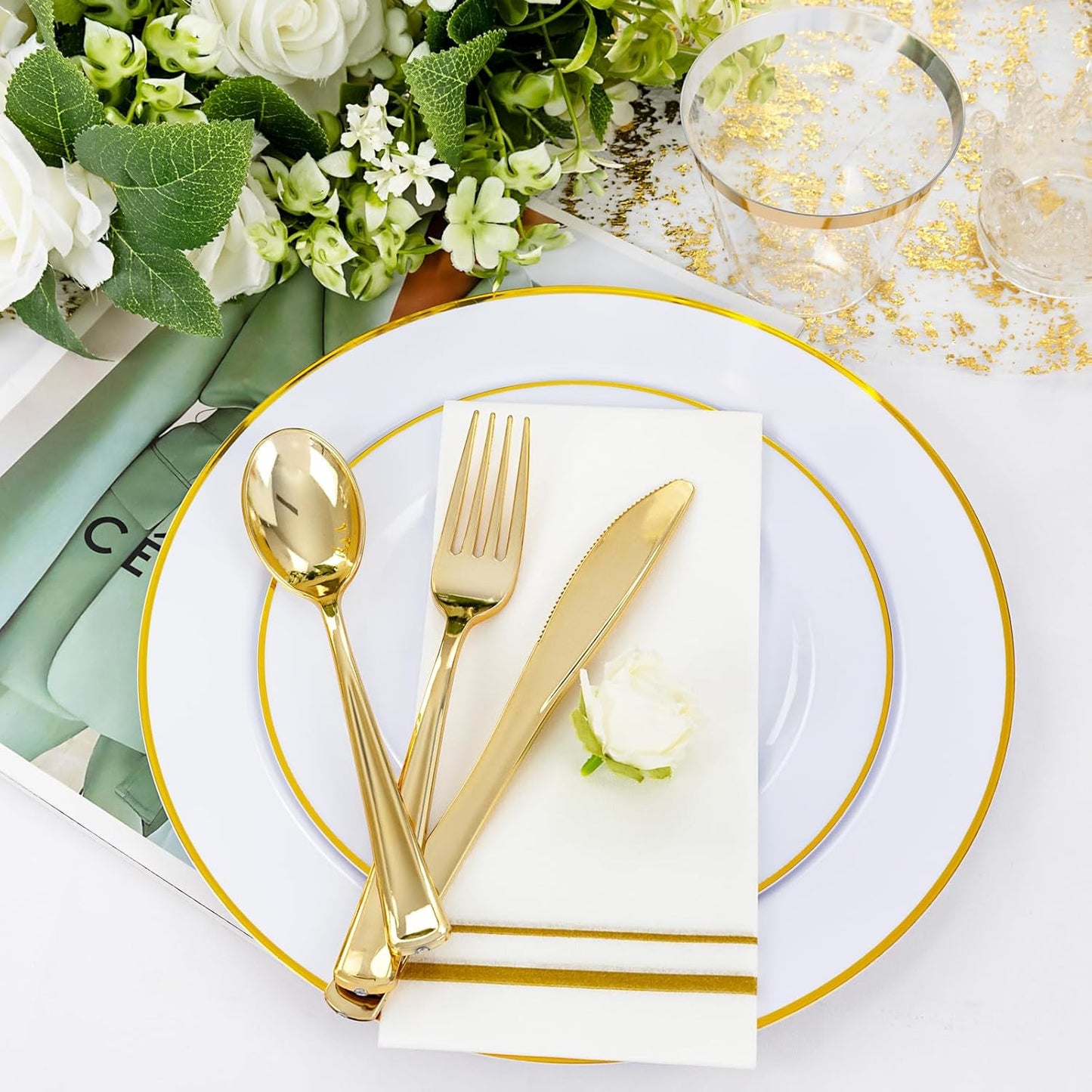 SUT 350 PCS Elegant White and Gold Disposable Dinnerware Set - Premium Dinner & Salad Plates, Cups, Napkins & Cutlery for 50 Guests - All-Inclusive Party Plastic Plates