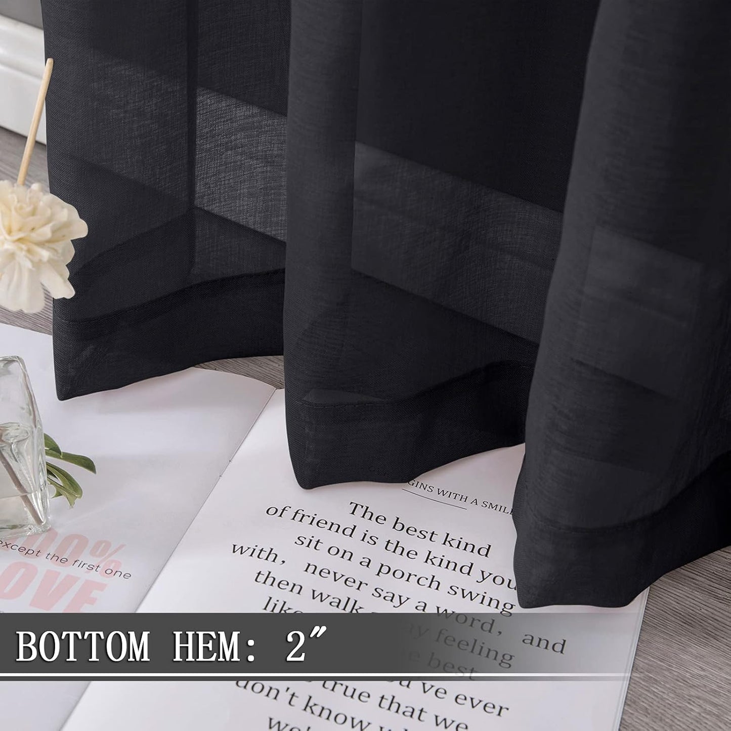 Tollpiz Sheer Curtains Linen Textured Living Room Curtain Sheers Light Filtering Rod Pocket Voile Curtains for Bedroom, 42 x 63 inches Long, Black, Set of 2 Panels