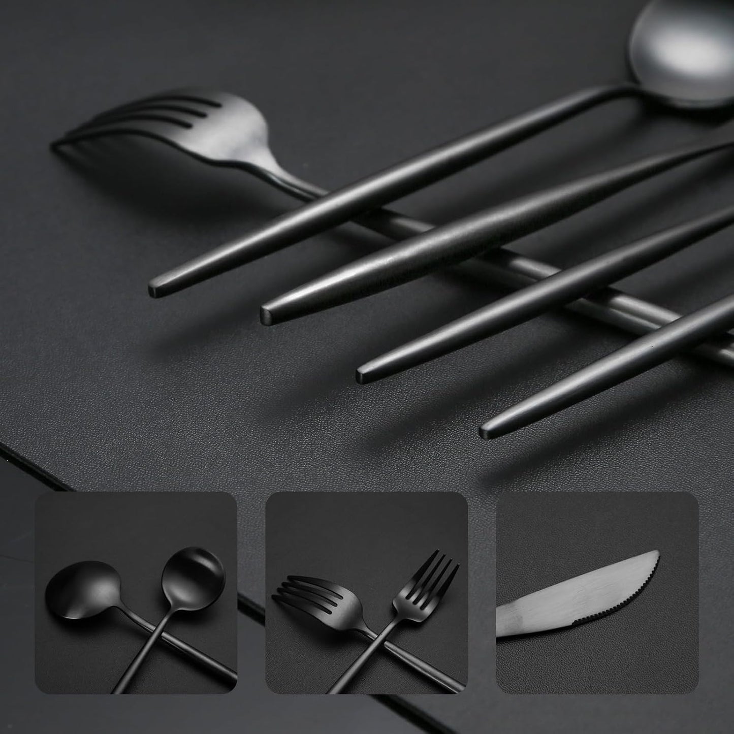 40 Pieces Matte Black Silverware Set, Stainless Steel Black Flatware Set for 8, Satin Finish Spoons and Forks Silverware Set, Black Cutlery Utensils Set, Dishwasher Safe