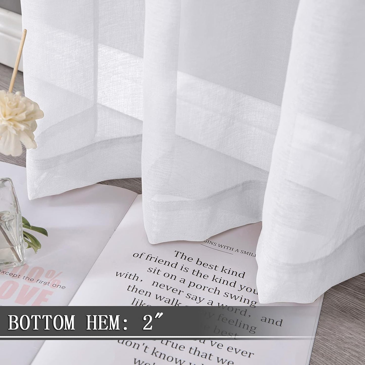 Tollpiz Short Sheer Curtain Living Room Linen Textured Curtains Sheer Light Filtering Voile Rod Pocket Curtain for Bedroom, 38 x 54 inches Long, White, Set of 2 Panels