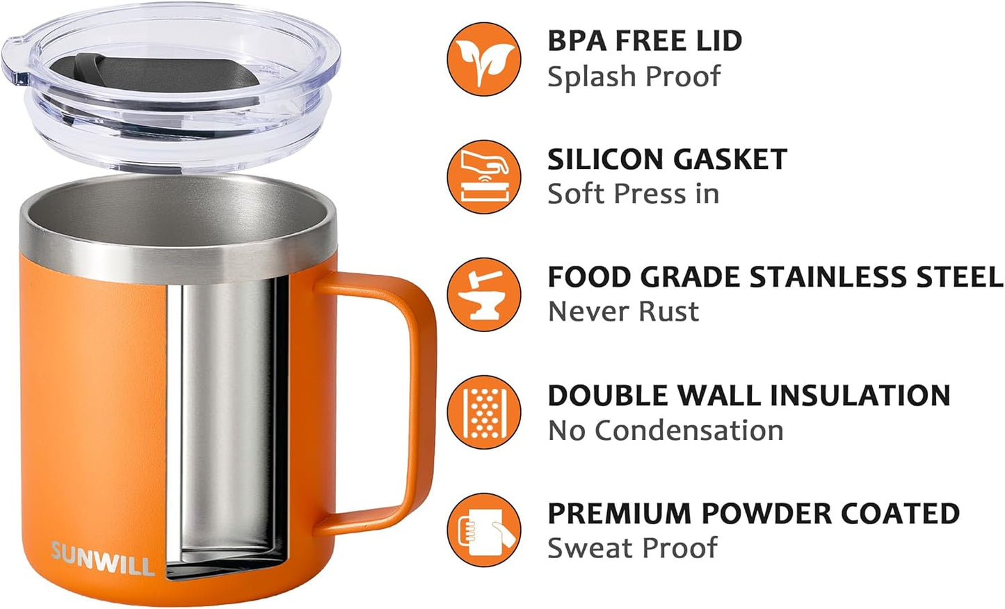 SUNWILL Insulated Coffee Mug with Lid, Travel Tumbler with Handle, 14 oz Stainless Steel Cup for Camping, Office, Home, Powder Coated Orange