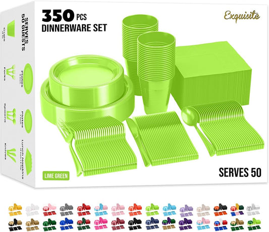 Party Solids 350 Pieces Lime Green Plastic Plates For Party, Lime Green Disposable Plates Set, 50 Of Each 9" Dinner Plate Set, 7" Dessert Plate, Cups, Napkins & Cutlery Plastic Dinnerware