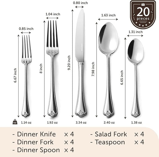 KINGSTONE Silverware Set, 20-piece 18/10 Stainless Steel Flatware Set Cutlery Set for 4, for Kitchen, Home, Wedding, Party, Mirror Polished and Dishwasher Safe, Featured Gifts