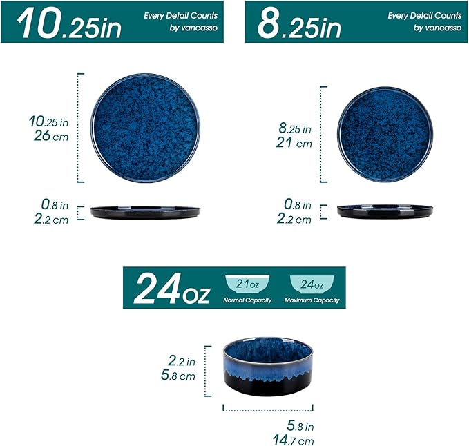 vancasso Starry Plates and Bowls Sets,12 Pieces Blue Dinnerware Sets for Kitchen,Modern Stoneware Dishes Set for 4,Dishwasher and Microwave Safe