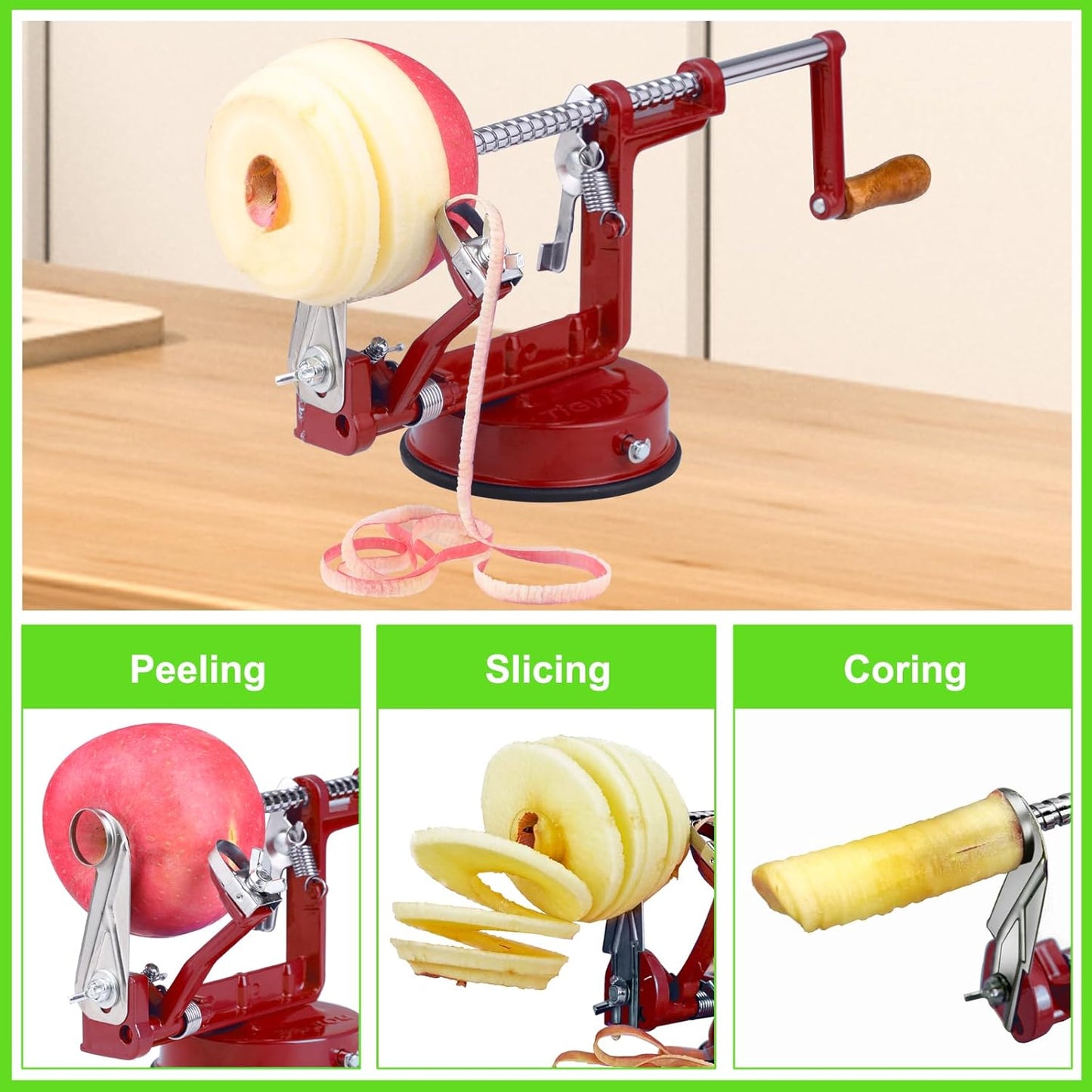 Apple Peeler Corer, Long lasting Chrome Cast Magnesium Alloy Apple Peeler Slicer Corer with Stainless Steel Blades and Powerful Suction Base for Apples and Potato(Deep Red)