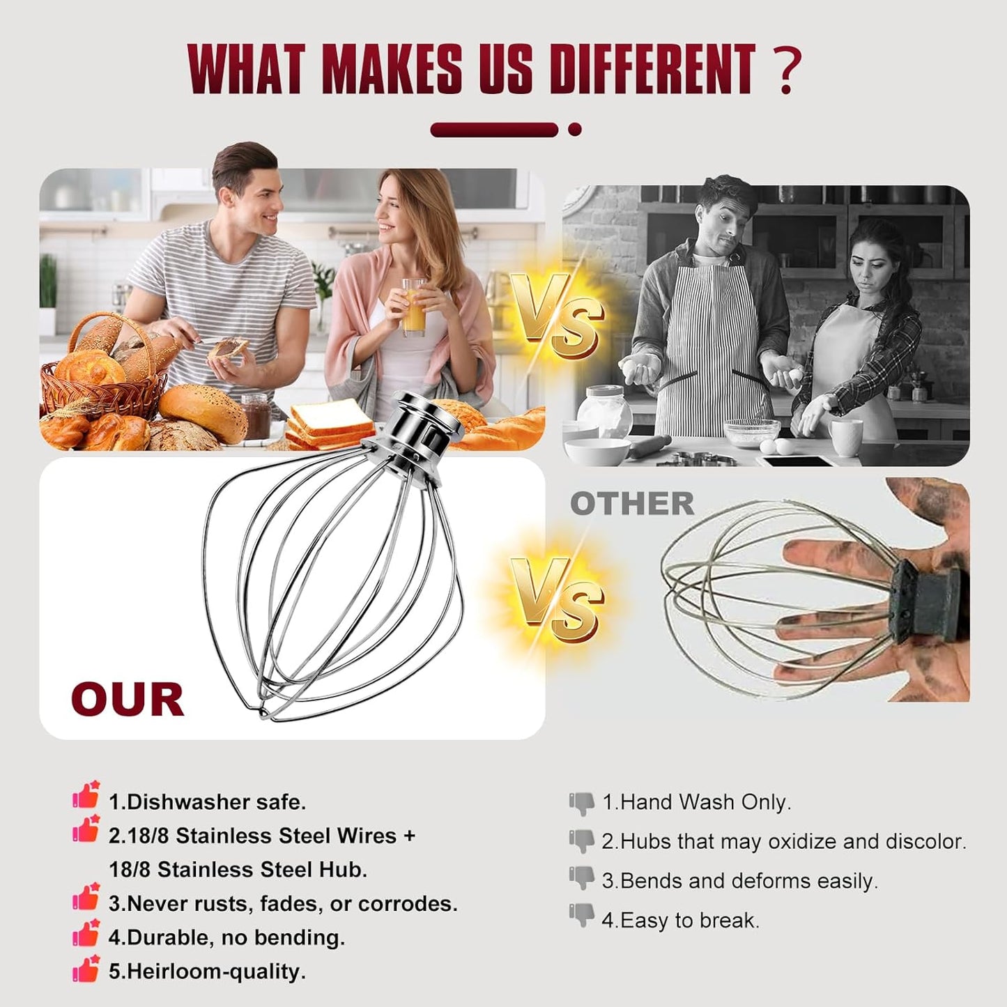 Whole Stainless Steel K45WW Whisk Attachment for KitchenAid 4.5-5 Tilt-Head Mixer, Dishwasher Safe Wire Whip for Kitchen Aid