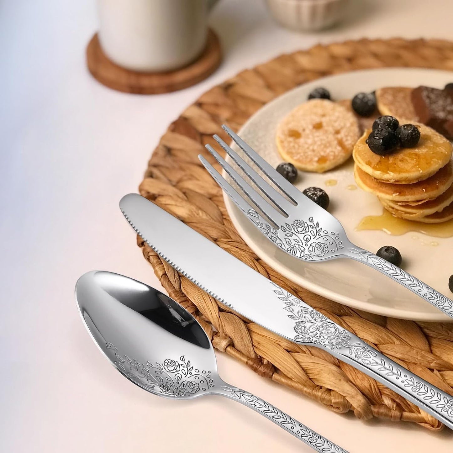 Floral Silverware Set 6 Silvery Flatware Stainless Steel with Delicate Engraved Rose Flower Embossed Design Complete 30 Piece Cutlery for Restaurant Utensils Home Kitchen Daily Use