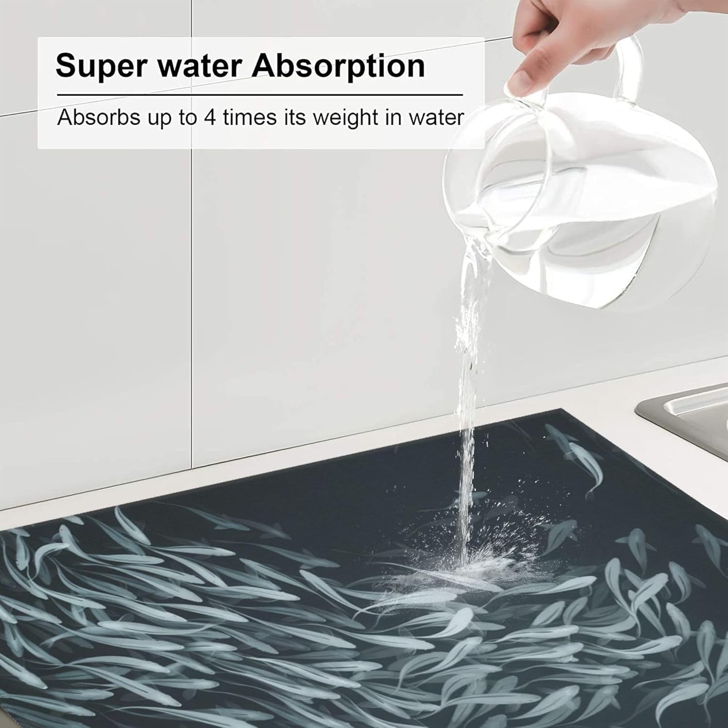 Japanese Fish Dish Drying Mat 16x18 Inch, Microfiber Absorbent Fast Dry Mat Artistic Painting of Fish Large Dish Mat Drying Kitchen Mat, Kitchen Drying Pad for Kitchen Counter Coffee Bar Decor