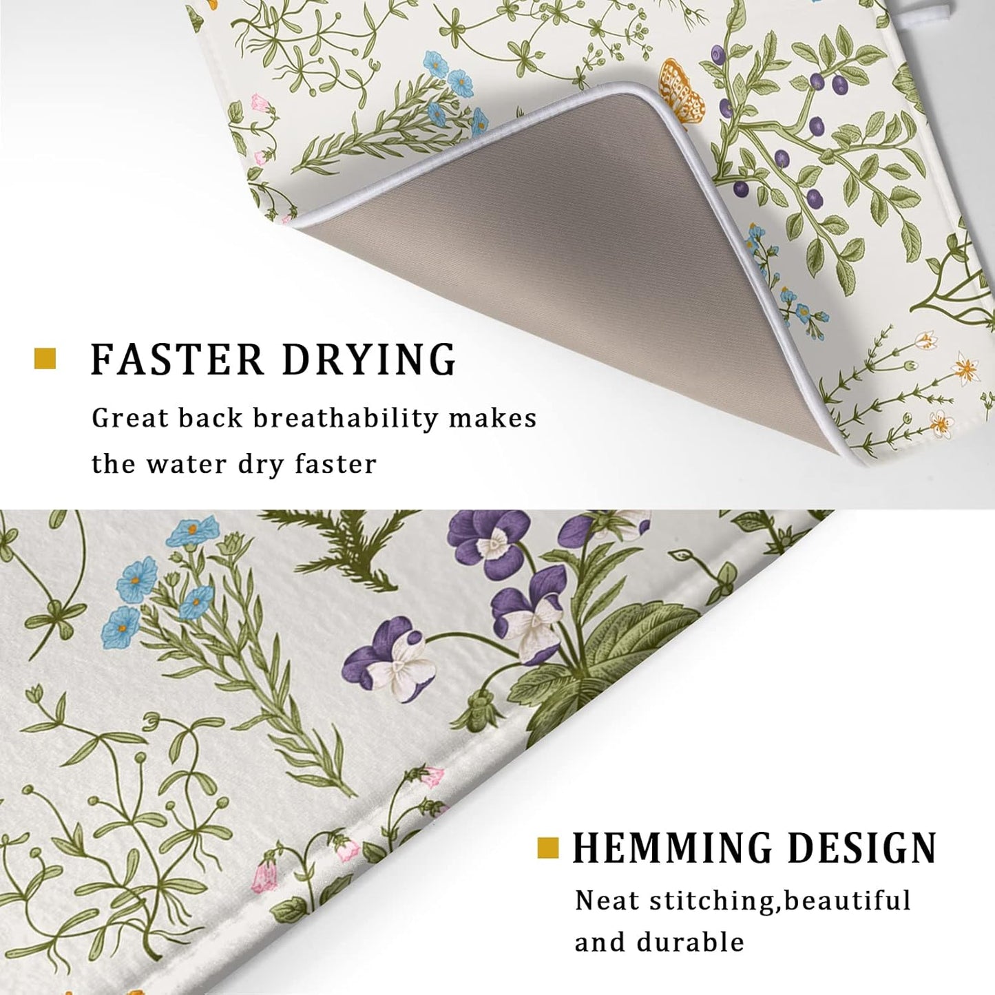 Wild Flowers Herbs Dish Drying Mat for Kitchen Counter Decor 18x24 Inch Vintage Floral Absorbent Reversible Microfiber Dish Drying Pad Sage Plant Dish Drainer Rack Mats for Coffee Bar Kitchen