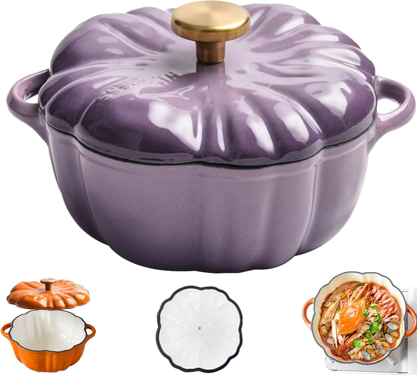 Enameled Cast Iron Pumpkin Dutch Ovens, Pumpkin Dutch Oven with Lid Covered Stockpot, 4-Quart Enameled Cast Iron Pot, Holds 2-3 Servings, Non-Stick, for All Stovetops (Purple Set A, S 6.2in)