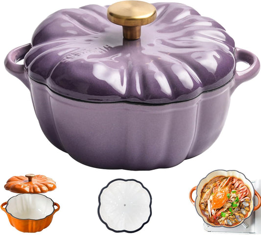 Enameled Cast Iron Pumpkin Dutch Ovens, Pumpkin Dutch Oven with Lid Covered Stockpot, 4-Quart Enameled Cast Iron Pot, Holds 2-3 Servings, Non-Stick, for All Stovetops (Purple Set A, S 6.2in)