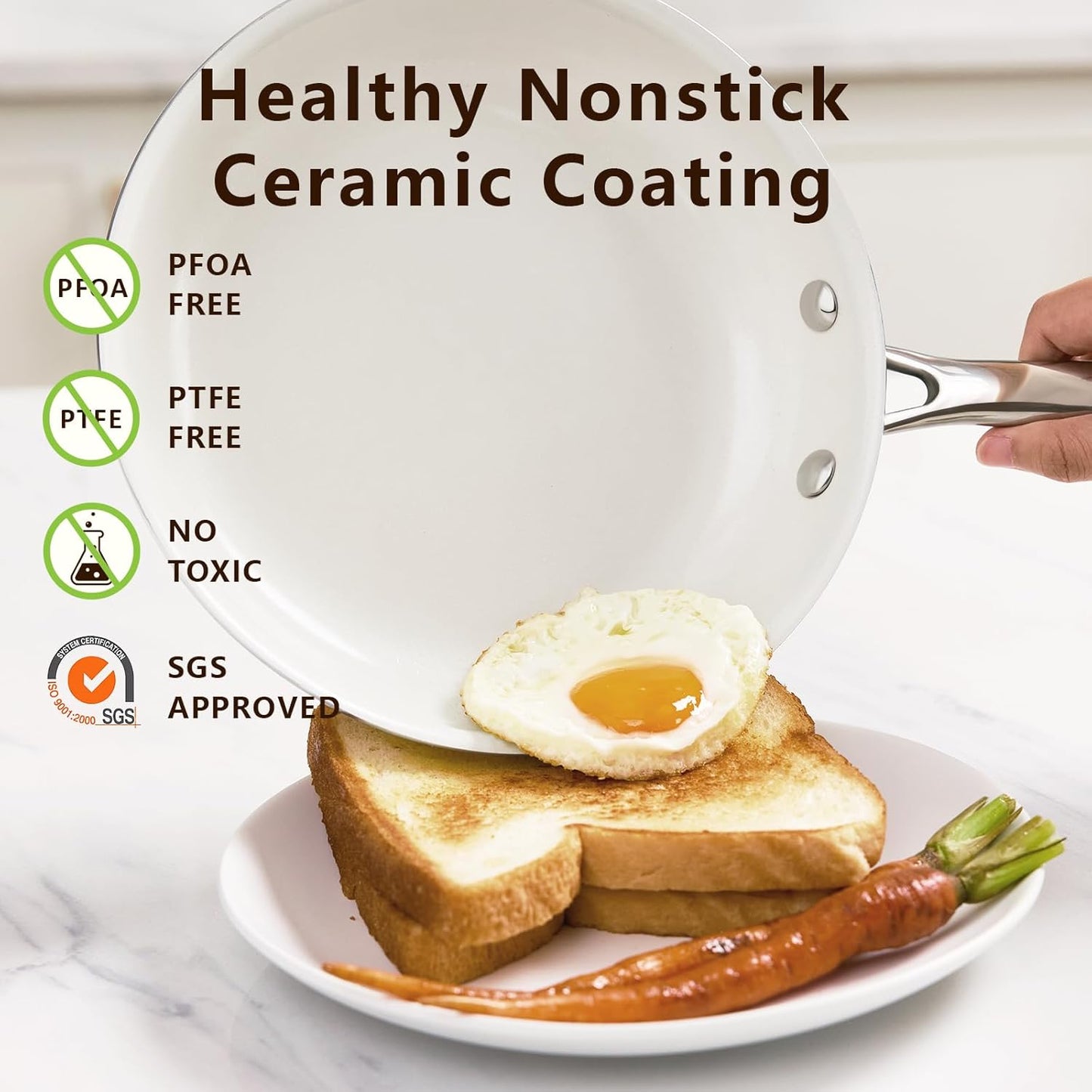 9.5" Tri-Ply Stainless Steel Frying Pan, Nonstick Ceramic Pan, Skillet with Stay-Cool Handle, Non Toxic, PFAS PFOA PTFE Free, Dishwasher & Oven Safe, Induction, Compatible with All Cooktops