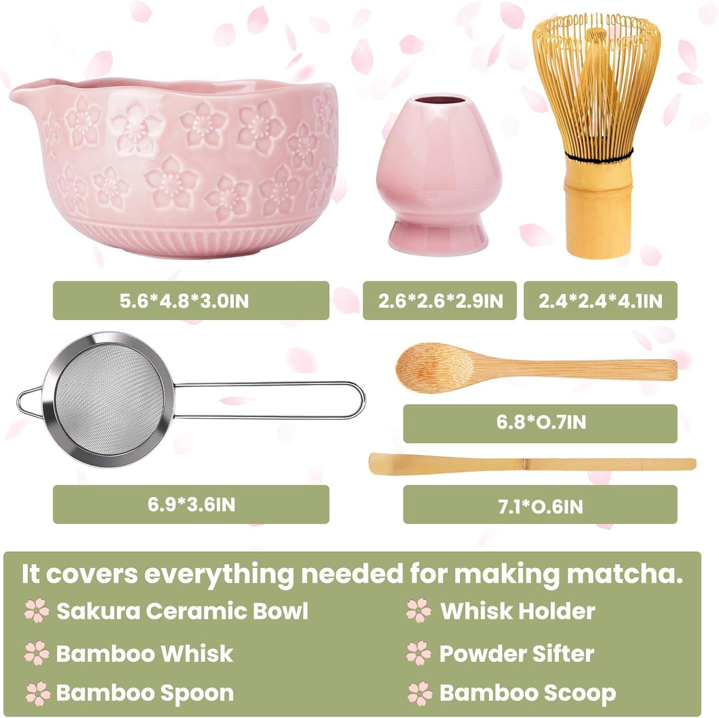 Matcha Whisk Set, Sakura Pink Ceramic Matcha Set Includes Matcha Bowl, Matcha Whisk (Chasen) and Holder, Sifter, Bamboo Scoop & Spoon - 6 Pcs Matcha Kit for Matcha Lovers