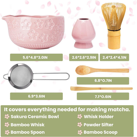 Matcha Whisk Set, Sakura Pink Ceramic Matcha Set Includes Matcha Bowl, Matcha Whisk (Chasen) and Holder, Sifter, Bamboo Scoop & Spoon - 6 Pcs Matcha Kit for Matcha Lovers