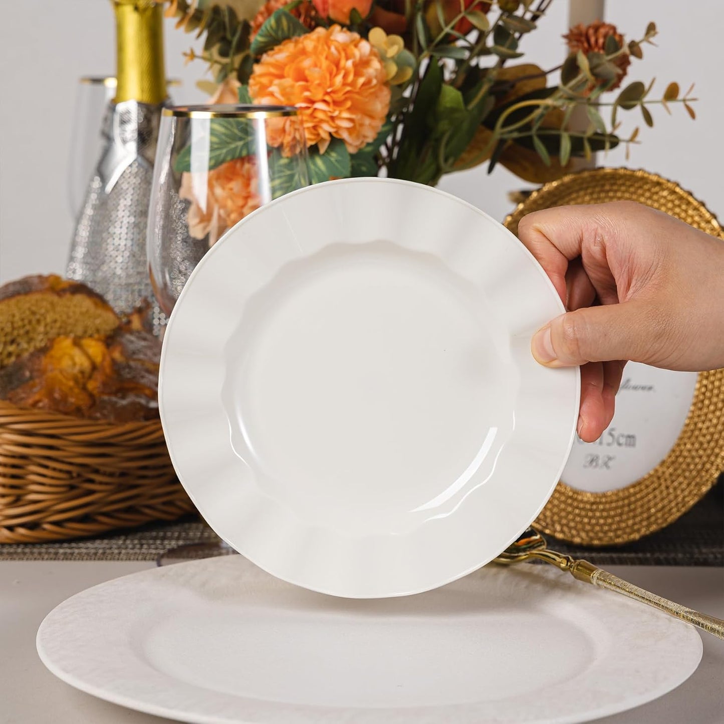 72 Pack Ivory Plastic Plates, 7" Disposable Wave Salad/Dessert Plates Elegant Heavy Duty Plate for Party, Wedding, Thanksgiving, Christmas