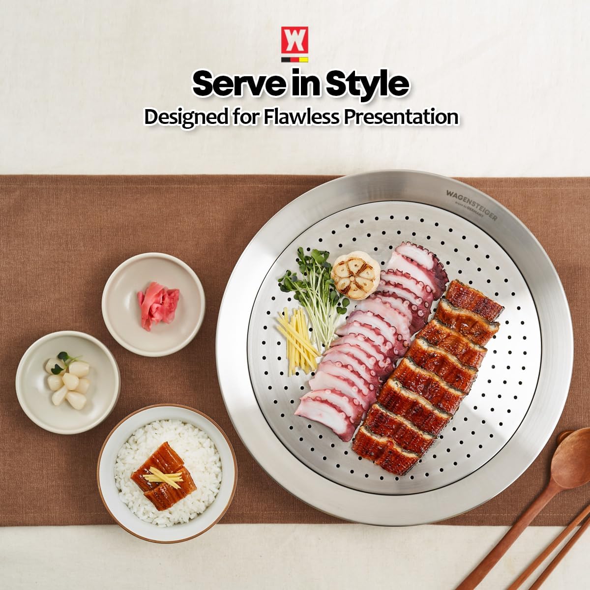 Stainless Steel Steam Food Warmer Pan with Perforated Tray, Food Steamer, Multipurpose Cooking Pan for Steaming, Boiling, and Warming Food, Korean Style Communal Food Dishes (Silver, 20.6cm / 8.12inch)