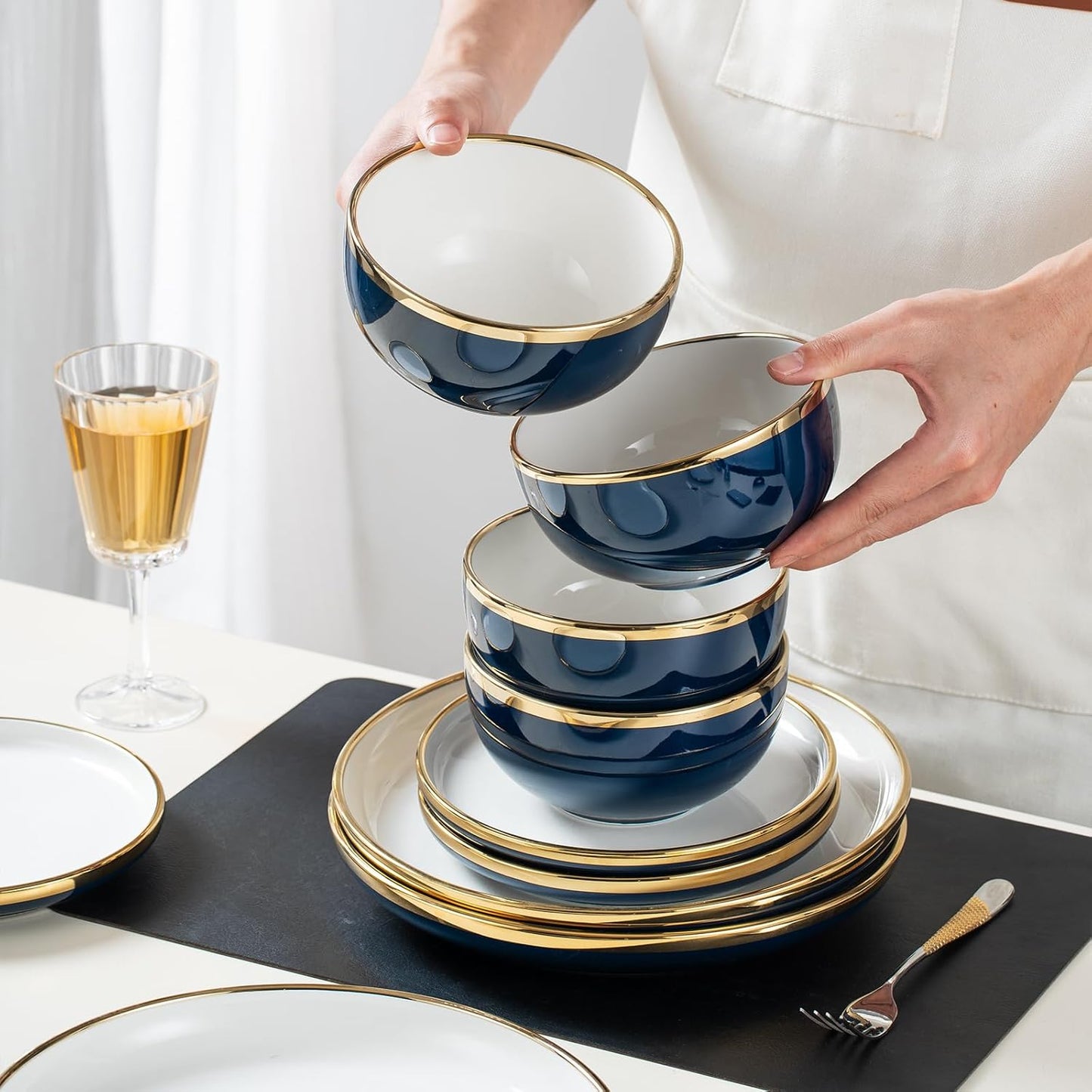 Blue Ceramic Dinnerware Sets for 4, 16-Piece Luxury Plates and Bowls Sets with Gold Rim, Modern Dish Set for Wedding Christmas Anniversary, Crack Resistant | Dishwasher & Freezer Safe