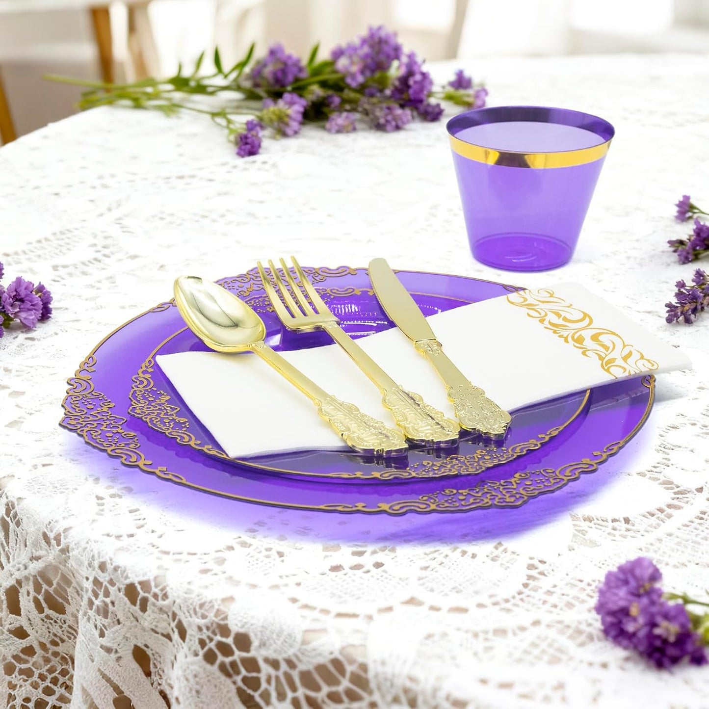 AIRE 175PCS Purple Gold Plastic Plates for Party Dinnerware Sets for 25 Guests, Vintage Disposable Plastic Party Plates Cups Spoons Forks Knives Napkins for Wedding Birthday Christmas BBQ Parties