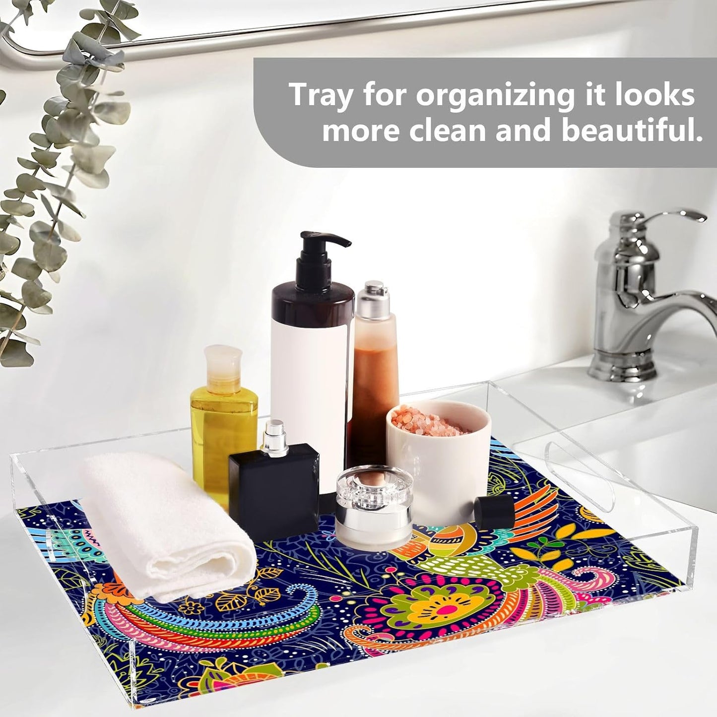 Acrylic Serving Tray with Handles Spill Proof Kitchen Storage Tray Clear Decorative Tray Makeup Drawer Organizer Storage Tray for Bathroom Living Room Ottoman 15.7x11.8Inches