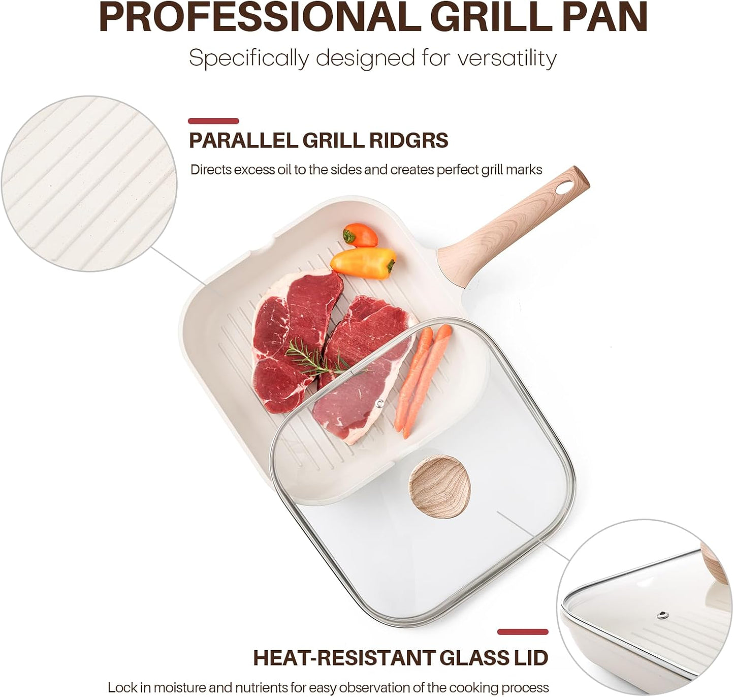 Kordisen Nonstick Grilling Pan with Lid for Stove Tops, 9.5 Inch Square Grill Pan for Indoor Cooking, Healthy Coating Grill Skillet with Pour Spouts, Versatile Griddle, Induction Steak Pan, White