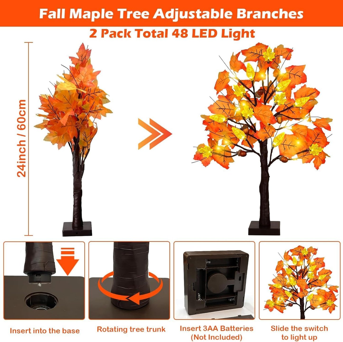 2 Pack 24 Inch Prelit Fall Maple Tree Decorations with 48 LEDs Timer Fall Battery Operated Lighted Artificial Pumpkin Acorn Light Up Maple Tree for Thanksgiving Harvest Table Home Indoor Decor