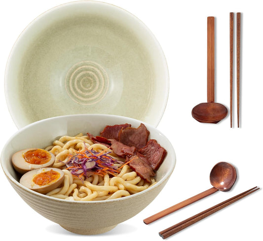 8 Inch Ceramic Ramen Bowl Set of 2, 40oz Japanese Bowls with Spoons & Chopsticks,Durable,Microwave & Dishwasher Safe,Perfect for Ramen,Pho,Salad,Soup,Noodles，Mixing bowls（Verdant）