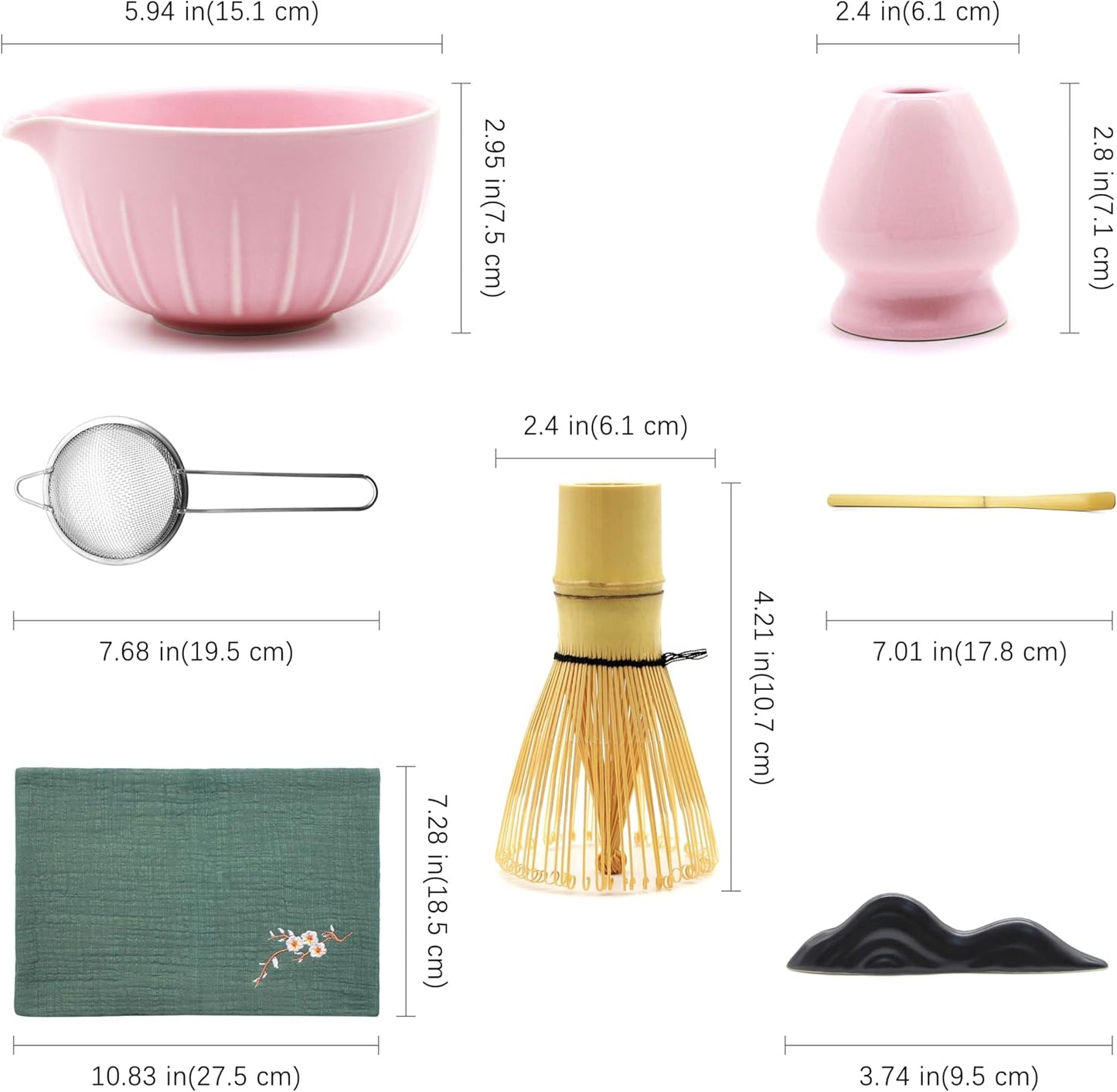 Matcha Whisk Set 7 Pcs - Ceramic Matcha Set with Bowl, Whisk, Holder, Bamboo Scoop, Rest, Sifter, and Tea Towel – Elegant Matcha Kit Gift for Women