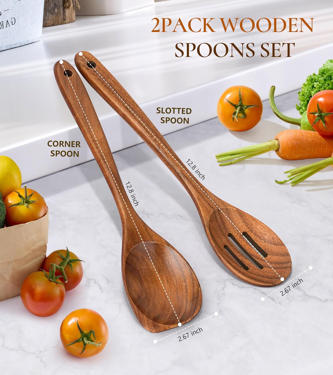 2Pcs Wooden Spoons for Cooking, Natural Premium Teak Wood Corner Spoon & Slotted Spoon, Good Grip Large Cooking Spoons Spatula, Heat Resistant Wooden Kitchen Cooking Utensils Set for Nonstick Cookware