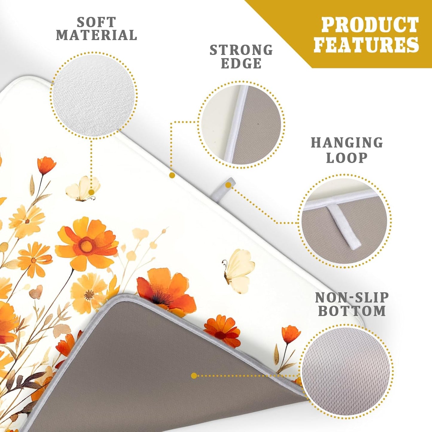 Fall Floral Dish Drying Mat for Kitchen Counter Autumn Orange Wildflowers Reversible Microfiber Absorbent Drying Pad Mats for Countertops Sinks Draining Racks,Harvest Thanksgiving Decor,18 X 24 Inches