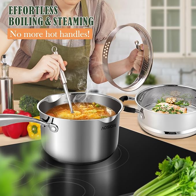 AOSION 3.5 Quart Stainless Steel Saucepan with Steamer Basket,Tri-ply Full Body Steamer Pan,Two Side Spouts for Easy Pour with Ergonomic Handle,Perfect for Vegetables,Boiling,Pasta,Noodles