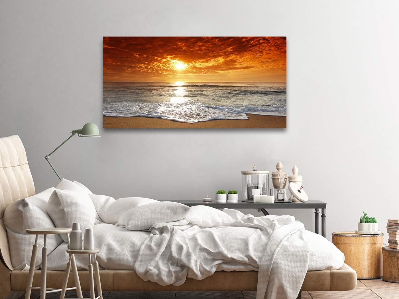 Muolunna S04650 Canvas Prints Wall Art Sunset Ocean Beach Pictures Photo Paintings for Living Room Bedroom Home Decorations Stretched and Framed Ready to Hang Seascape Waves Artwork 20x40inch