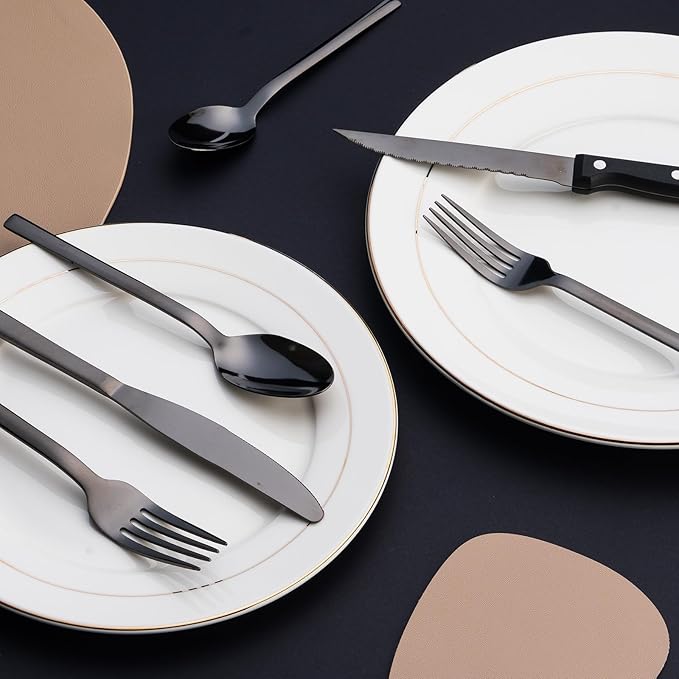 24 Pcs Silverware Flatware Service for 4, 18/0 Stainless Steel Tableware with Steak Knives, High Mirror Polished Cutlery Set in Ergonomic Design Size and Weight, Dishwasher Safe, Black