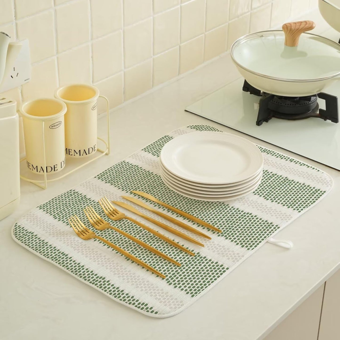 Boho Sage Green Dish Drying Mat 18 x 24 inch Modern Geometry Polka Dot Striped Decorative Drying Mats Microfiber Absorbent Dish Washable Draining Mat for Kitchen Counter Decor