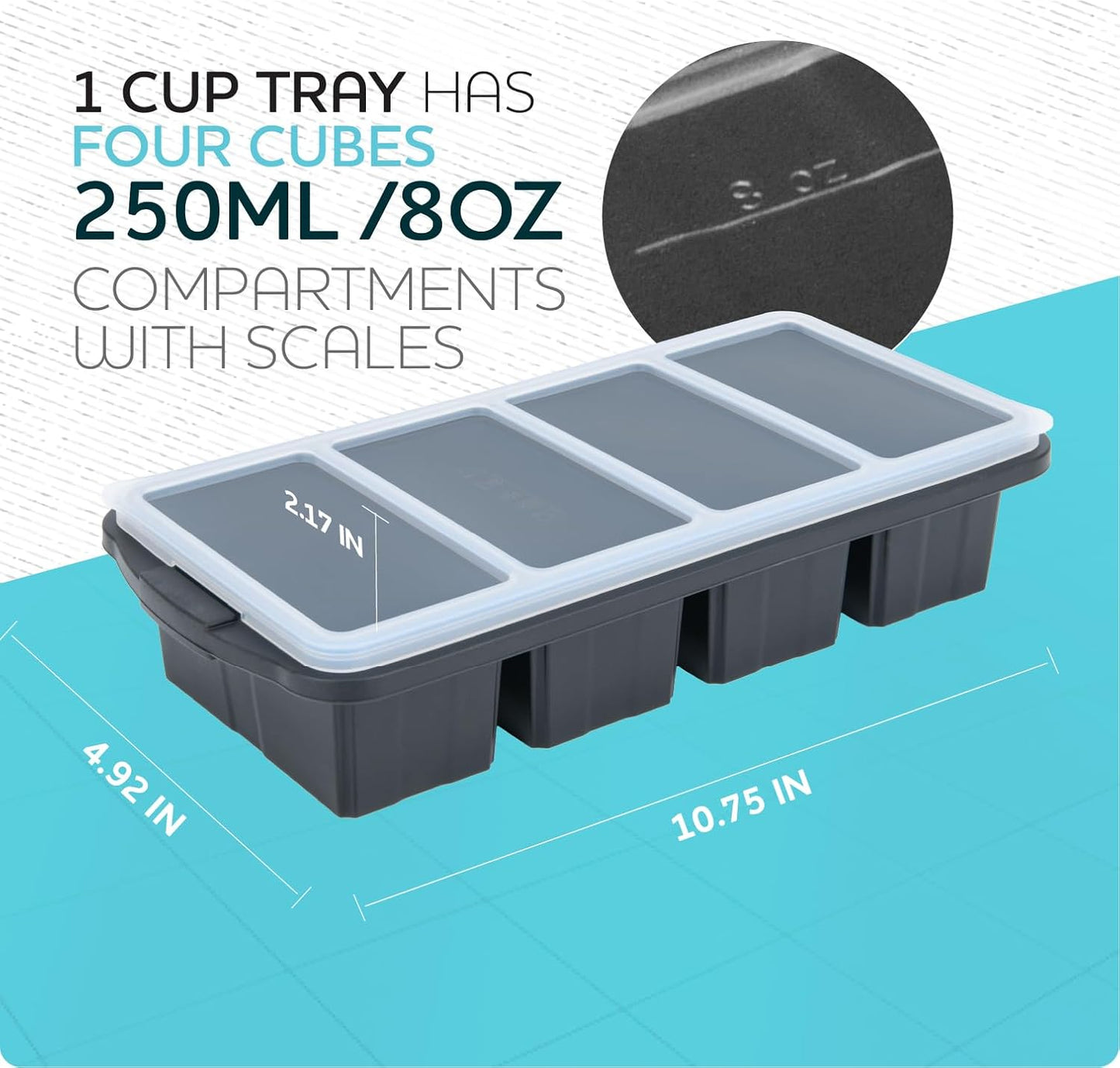 Silicone Freezer Tray With Lid - Soup Freezer Container molds - Large Ice Cube Tray- makes 8 perfect 1 cup portions cubes, 2-Pack Freezer Storage Food Soups & Meal Prep - Oven & Dishwasher -Safe